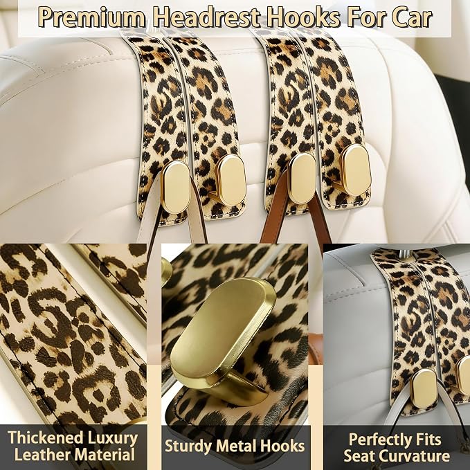 Car Hooks for Headrest: 2Pack Car Headrest Hook with Premium Leopard Leather - Double Metal Hooks - Purse Hook For Car - Car Headrest Hooks - Car Hooks for Purses, Handbags, Bags - Leopard - Image 2