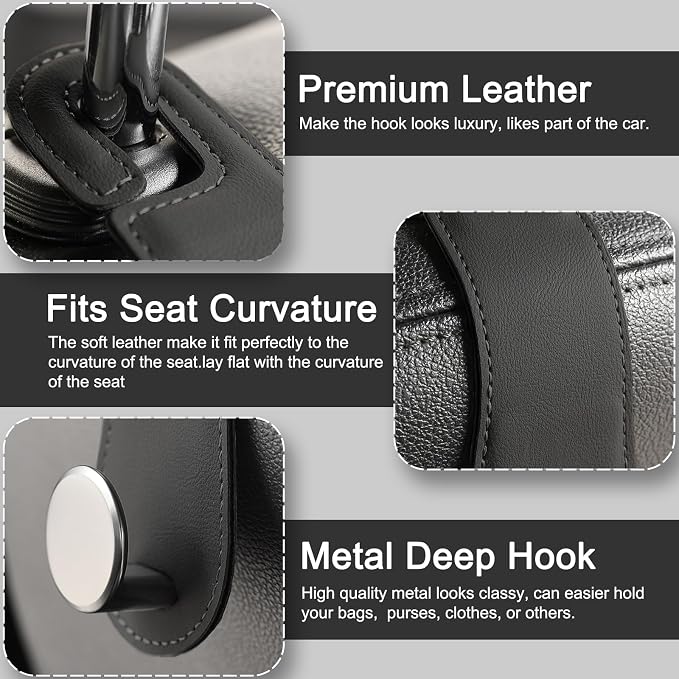 2 Pack Car Headrest Hooks Leather & Alloy Car Seat Storage Hangers, Black | 44lb Heavy Duty Stylish Car Seat Organizer Hooks for Purses Bags, Coat, Umbrellas, Water Bottle, Car Inside Accessories - Image 3