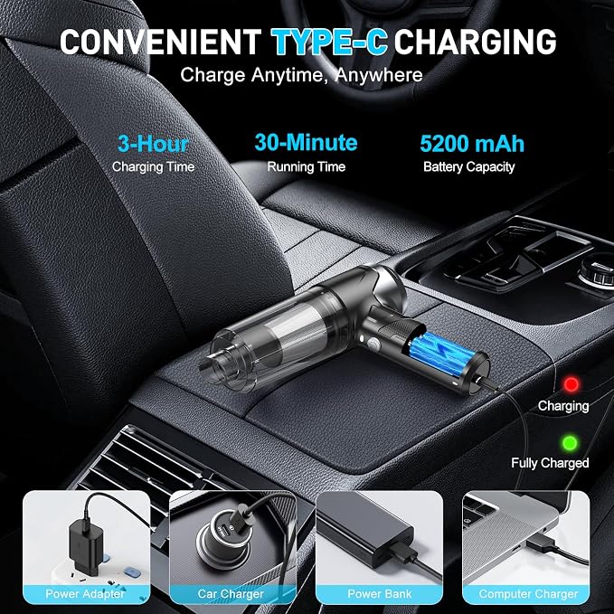 KMM Handheld Car Vacuum Cleaner, 10000PA Hand Held Vacuum & Air Duster | 120W High Power, Portable Cordless, Rechargeable with Multi-Nozzles & LED Light for Home, Car, Office - Image 5