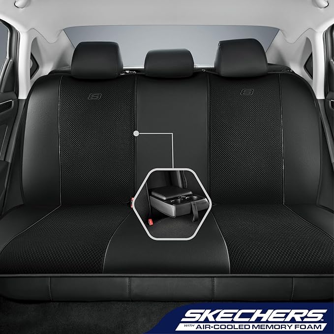 Skechers Air-Cooled Memory Foam Seat Covers,Mesh Thick Car Seat Covers,Piping Leather Car Seat Cover,Airbag Compatible,Automotive Comfort for Most Cars, Vans, Trucks, SUV(Black, Full Set) - Image 3