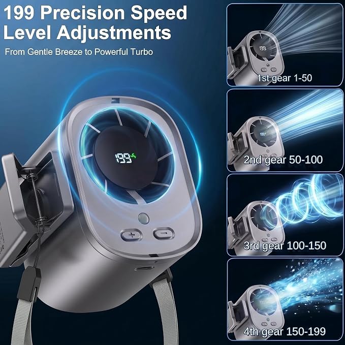 Car Clip On Fan,Portable Cooling Fan for Car with LED Display,360° Rotating Mini Fan,199 Speed Settings,USB Rechargeable 1500mAh Backseat Fan for Cars Without AC, Stroller,Office, Camping - Image 3
