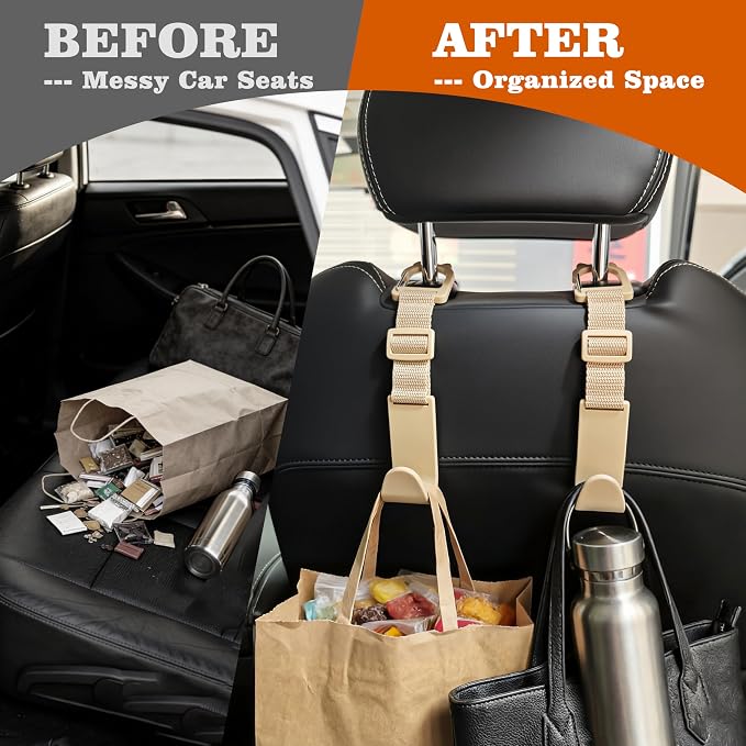 Amooca Anti-drop Car Headrest Hooks 4 Pack Seat Organizer for Bags | Universal Fit Cars SUV Truck, Adjustable, Holds Backpack Water Bottle Handbags Groceries, 40lb Heavy Duty, Clip Design - Image 4