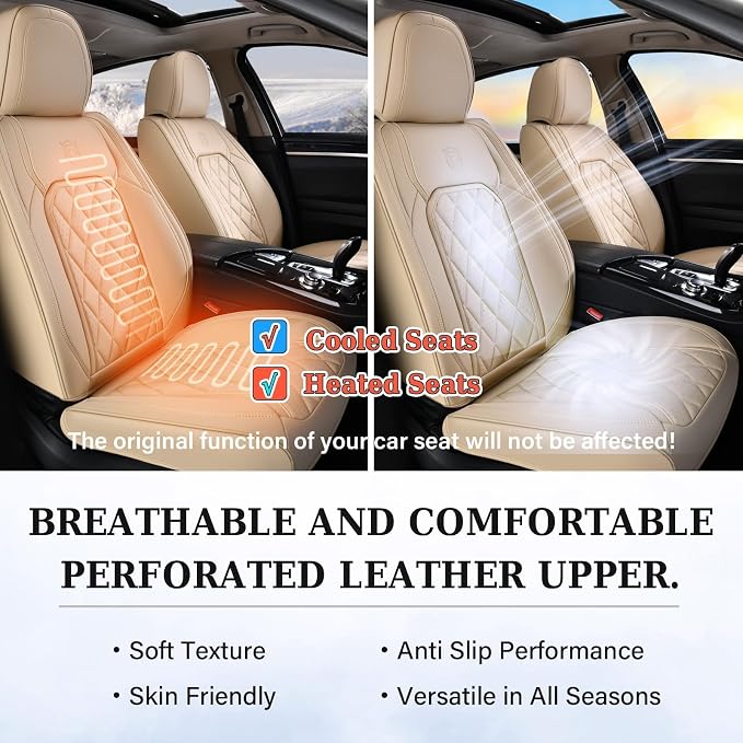 Coverado Front Seat Covers, 2-Pack Luxury Faux Leather Car Seat Cover, Beige Seat Covers, Car Seat Protector Waterproof, Car Seat Cushion Driver Seat Cover Universal Fit for Most Cars, Beige - Image 6