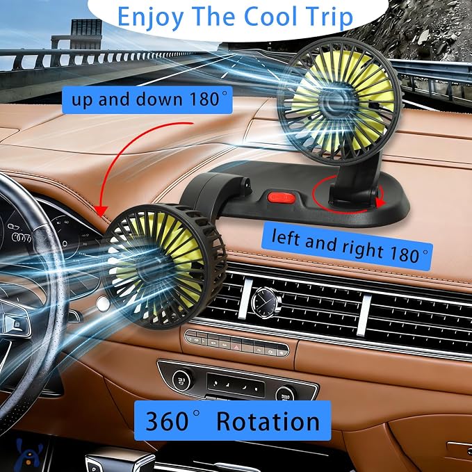 Adjustable Dual Head Car Cooling Fan 12V-Brushless Motor-2 Speeds, 360Rotation, for Car Dashboard, Powerful Cooling Solution for Sedan/SUV/RV/Truck/Van Vehicles,Cigarette Lighter Powered (2-head 12V) - Image 2