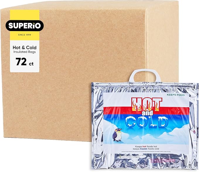 Superio Hot and Cold Insulated Bags for Food Delivery, Grocery Shopping Bags, Food Storage for Hot and Frozen Food for Travel, Disposable Cooler Bag, Reinforced Thermal Lunch Bag (72, 15.5"x13") by Superio