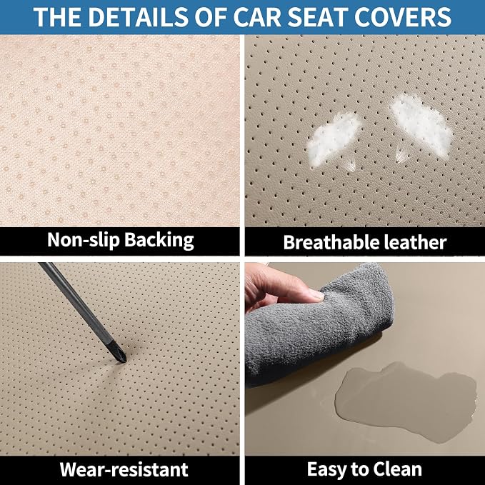 Leather Rear Car Seat Covers Automotive Seat Protectors | Breathable Waterproof Durable Full Surround Non-Slip Universal Fit for Most Cars SUV Trucks Van Beige - Image 4