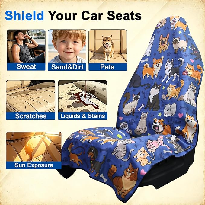 Premium Car Seat Cover Towel, Microfiber Car Seat Towel Cover, Quick-Dry Gym Running Yoga Beach Towel for Car Seat, Fits Most Front Bucket Seats for Cars, SUVs, Vans & Trucks (Pet Pals Blue) - Image 4