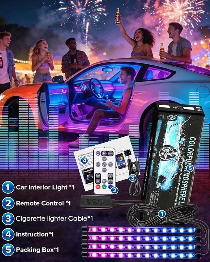 Car Interior LED Lights, 12V RGB Under Dash Footwell Ambient Lighting Kit | Smart APP & Remote Control, Music Sync, Cigarette Lighter Powered Color Changing Lights for Cars, Trucks and SUVs - Image 6