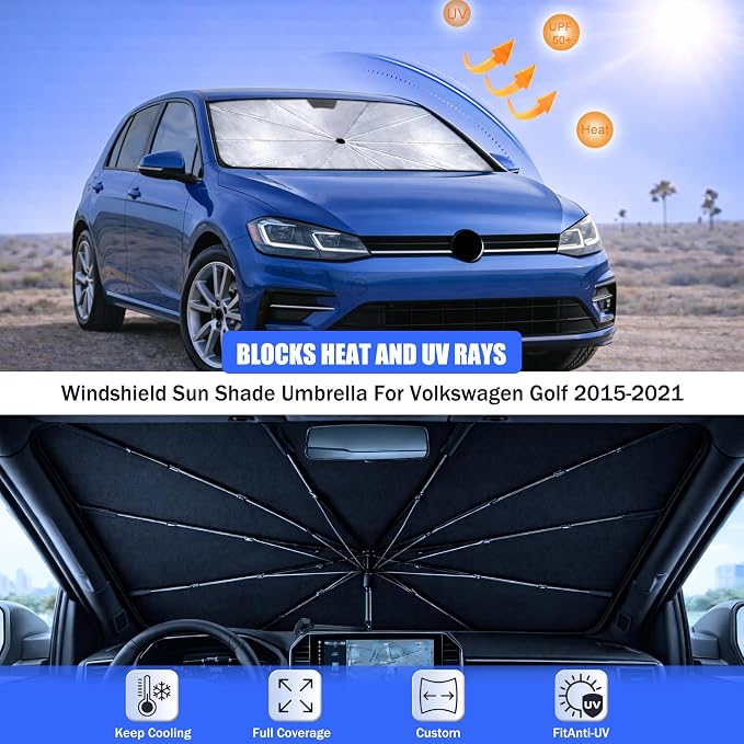 Car Windshield Sun Shade Umbrella for Volkswagen Golf 2015-2021 | 2026 Upgraded,Custom-Fit Umbrella Sunshade,Easy Install,UV Protection & Heat Reflective,Keep Interior Cooler with Storage Bag - Image 3
