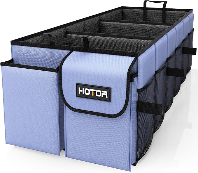 HOTOR Trunk Organizer - Foldable Car Organizer for SUVs & Sedans Storage | Sturdy Car Organization for Men & Women, Car Accessories, Tools, Sundries, Blue, 3 Compartments, 31.9" x 12.6" x 10.6" by HOTOR