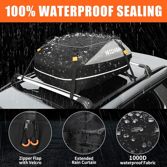 MIDABAO Waterproof Duty Car Roof Top Carrier-Car Cargo Roof Bag Car Roof Top Carrier - Waterproof & Coated Zippers- Includes Anti-Slip Mat- for Cars with or Without Racks (12 Cubic feet) - Image 5