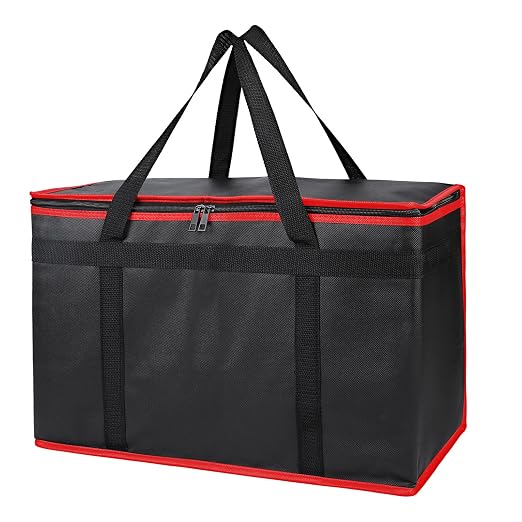 Bodaon Insulated Food Delivery Bag, XX-Large Reusable Grocery Shopping Bags, Picnic Cooler Bag Zipper/Zippered Top Cold, Black with Red Edge, 1-Pack | Reusable Grocery Shopping Bags, Picnic Cooler Bag, Zipper/Zippered Top Cold, Commercial Catering Pizz... by Bodaon