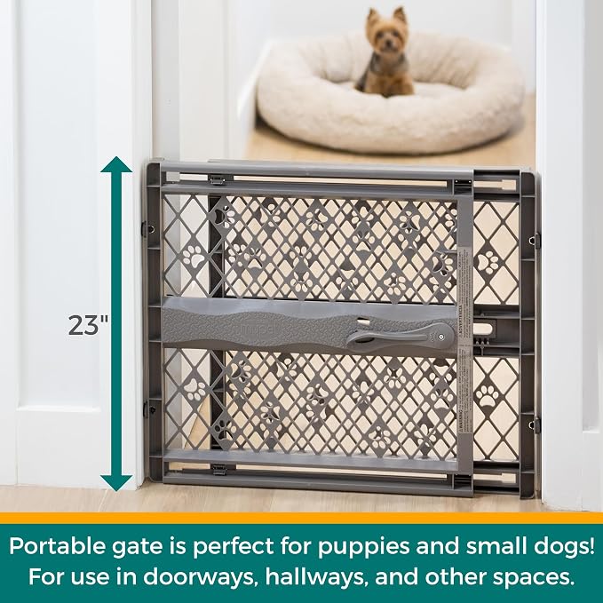 MYPET Paws Portable Pet Gate: 26-40" Wide Expandable, Pressure Mounted No Tools Needed, Durable Dog Gate for Doorways, Made in USA, 23" Tall, Fieldstone Gray - Image 2