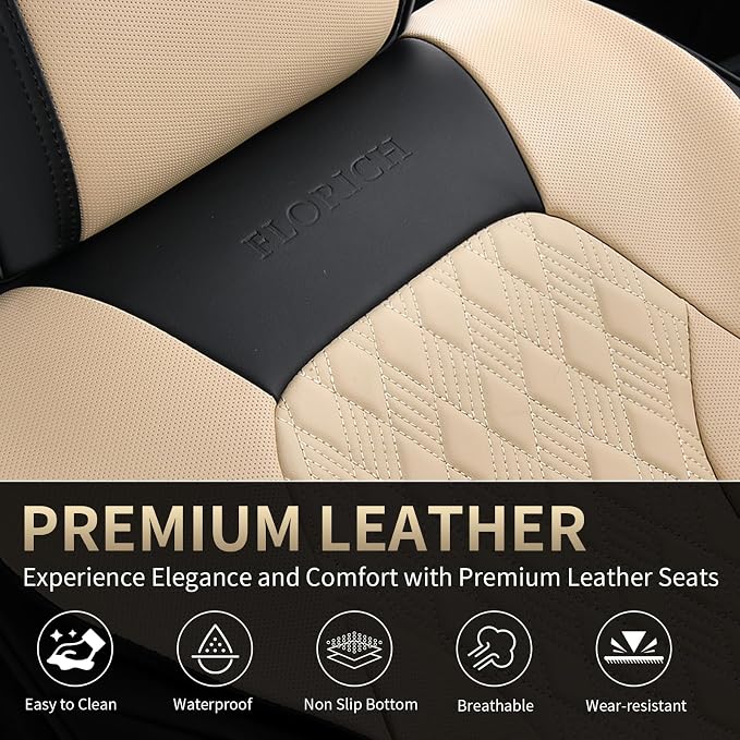 Seat Covers, Car Seat Covers Full Set, Luxury Nappa Leather Seat Covers, Breathable and Waterproof Car Seat Protector 5 Seat, Automotive Seat Covers Universal Fit for Most Cars-Black&Beige - Image 7