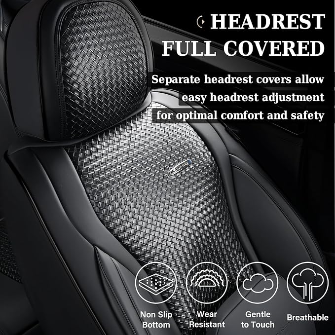 Coverado Seat Covers, Car Seat Covers Front Seats, Waterproof Nappa Leather Auto Seat Cover with Lumbar Head Pillow, Black Seat Covers Carseat Cover Universal Fit for Most Cars - Image 5