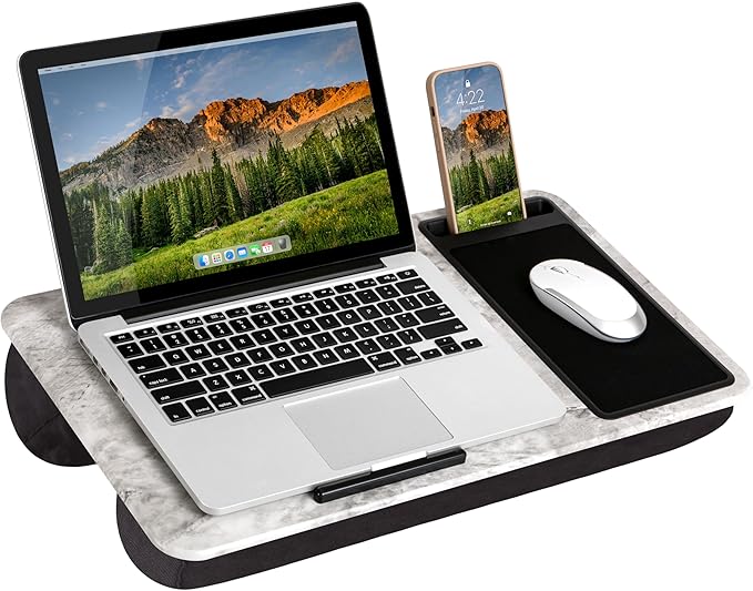 LAPGEAR Home Office Lap Desk – White Marble, Fits 15.6” Laptops | Built-In Mouse Pad & Phone Slot, Integrated Device Ledge, Dual-Bolster Microbead Cushion, Carry Handle by LapGear