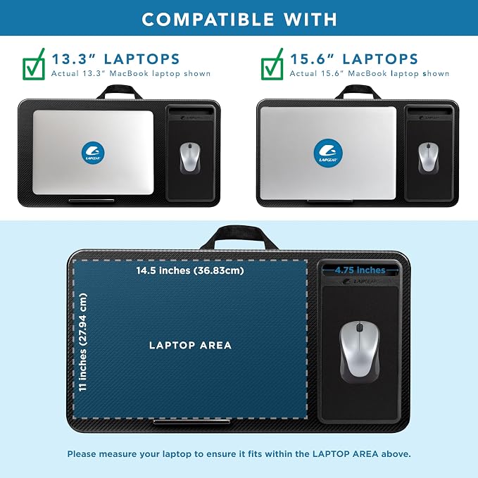 LAPGEAR Home Office Lap Desk – Black Carbon, Fits 15.6” Laptops | Built-In Mouse Pad & Phone Slot, Integrated Device Ledge, Dual-Bolster Microbead Cushion, Carry Handle - Image 3