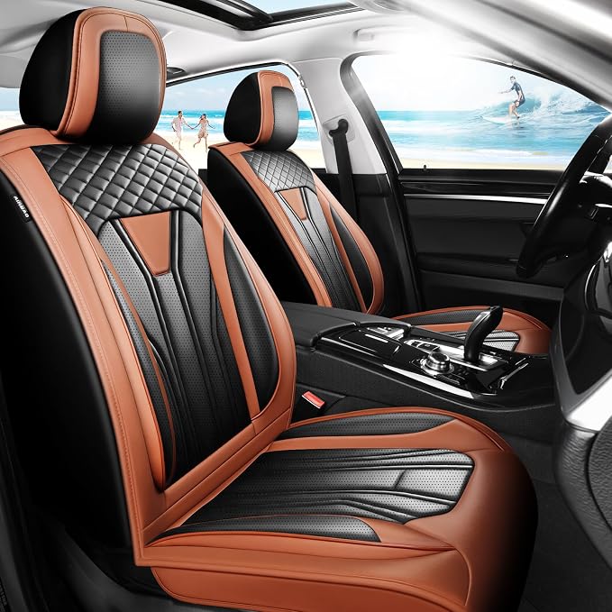 Fit Highlander Premium Leather Car Seat Covers for Toyota Highlander 2007-2025 2026 - Waterproof，Breathable，All-Weather Seat Cushion Protecto & Airbag Compatible, 2 Front Seat Brown&Black by Unknown