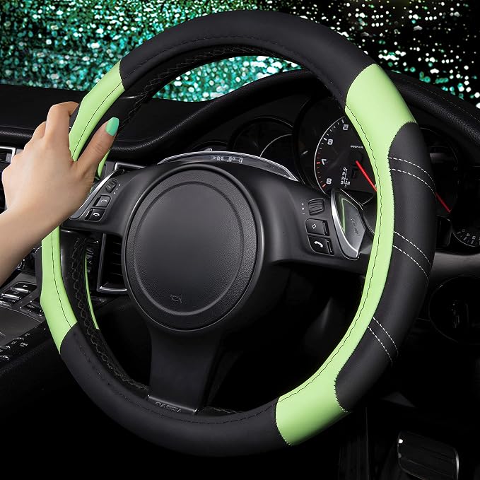 CAR PASS Line Rider Microfiber Leather Sporty Steering Wheel Cover Universal Fits for 95% Truck,SUV,Cars 14.5-15inch, Anti-Slip Safety Comfortable Design (Glows Lime Fluorescent Green) - Image 3