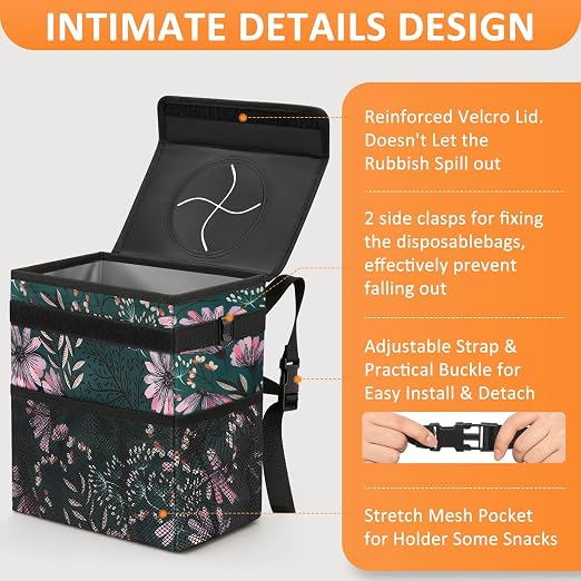 Vankor Car Trash Can with Lid Leak Proof Car Accessories for Women | 2.2 Gallon Cute Hanging Car Trash Bin for Men Car Truck Vehicle Sedan SUV Interior Automotive Garbage Cans, Navy Floral - Image 4