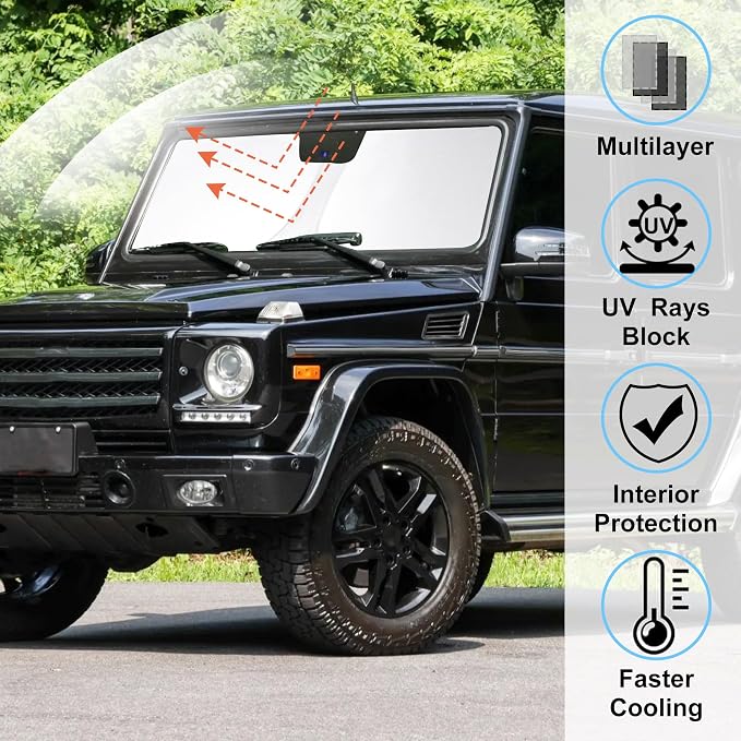 Windshield Sun Shade for 1990-2018 Mercedes Benz G550/G55/G63/G65 | Full covered for windshield, Foldable & Durable, Block UV Rays, Reduce Heat, Easy to install, Keep Car Cooler - Image 2