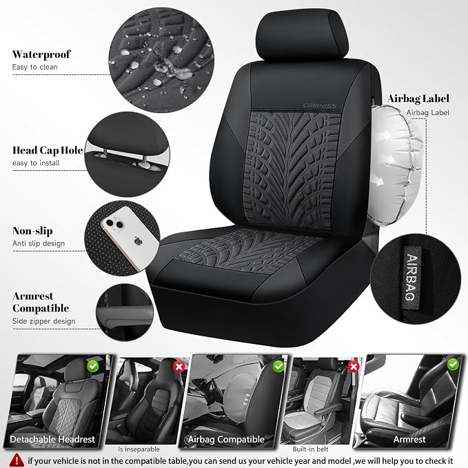 CAR PASS Neoprene Waterproof Seat Covers Two Front, Wetsuit Car Seat Covers 2pcs Universal Fit for Vans, Truck, SUV, 3D Tyre Embossed Seat Covers Anti Slip with Armrests, Aibag Compatible(Black Gray) - Image 3