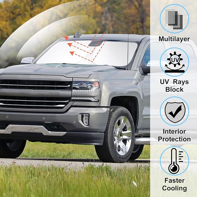 Windshield Sun Shade Sunshade for 2014-2019 Chevy Silverado | Full covered for windshield, Foldable & Durable, Block UV Rays, Reduce Heat, Easy to install, Keeps Car Cooler - Image 2