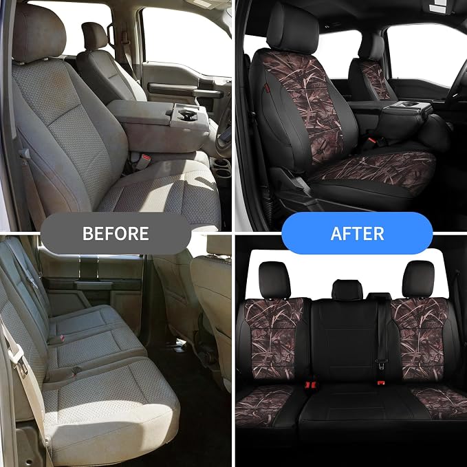 EKR F150 Seat Covers Custom Fit for (SuperCab) Ford F-150 STX 2024-2026 & F150 XL/XLT 2021-2026 & Lariat 2021-2022 Full Set,(2 Door,Rear W/NO Armrest) Faux Leather(Black/Reed Camo) - Image 6