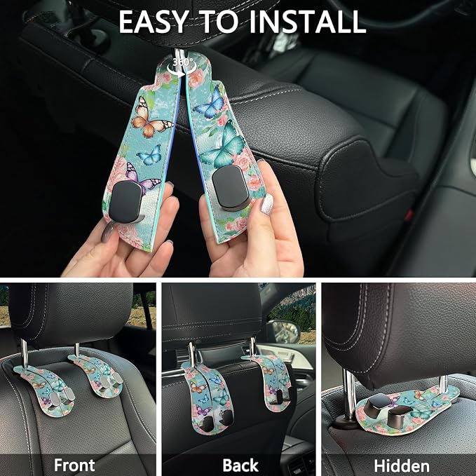 Blusabaca 2PCS Car Seat Headrest Hooks, Purses Bags Holder, Butterfly | PU Leather, Double Metal Back Storage Hangers for Grocery Bags Handbags Bottles Coats Phones, Car Accessories Organization - Image 6