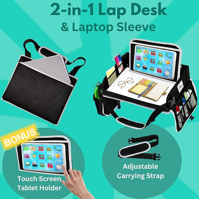 Travel Lap Desk, Portable Lapdesk for Car, Remote Work, Road Trips, School, Laptop Pad with Storage Pocket, Tablet Holder, Shoulder Strap, Fits up to 15.6-Inch Laptop (Black) - Image 2