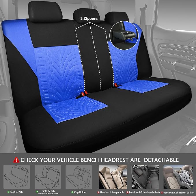 CAR PASS Car Seat Covers Full Sets, Front & Split Rear Bench for Car, 3D Tyre Embossed Automotive Interior Covers, Airbag Compatible, Quick Setup Universal Fit Seat Covers for Car, SUV(Black Blue) - Image 4