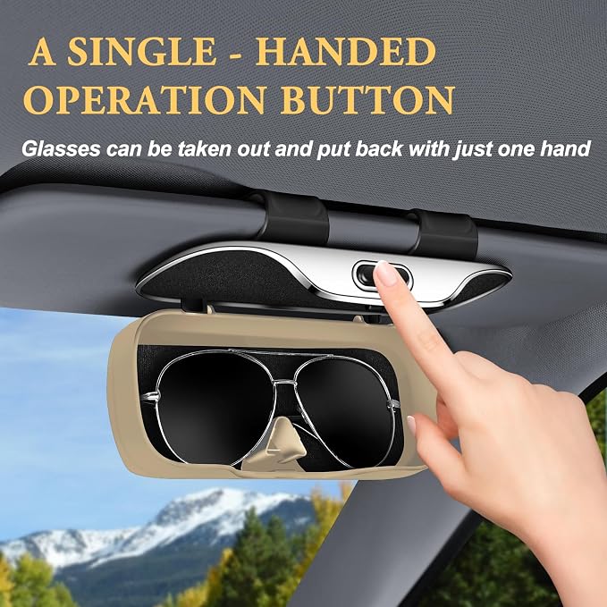 Sunglass Holder for Car Visor, Car Sunglass Holder Case (Beige) | Push-button visor sunglass holder，Full Wrap Dustproof Sunglass Case with Anti-Scratch Lining, Suitable for Trucks, Sedans - Image 2