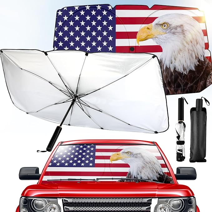 Riakrum Patriotic Eagle American Flag Car Windshield Sun Shade Umbrella Foldable UV Ray Windshield Sun Shade Car Front Window Sunshade Keep Vehicle Cool Heat Reflector, Fit Various Size by Riakrum