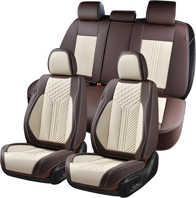 Coverado Leather Car Seat Covers Full Set, 5 Seats Waterproof Seat Covers for Cars Front and Rear Seat Cushions Protectors Universal Fit Most Vehicles (Bronw&Beige) by COVERADOAUTO