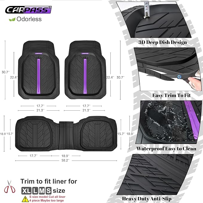 CAR PASS Tire Tread DeepDish Rubber Floor Mats for car Heavy Duty car mats All Weather, Universal XL~M Trim to Fit for Truck SUV Vehicle Automotive, Waterproof car mats 3 Piece (Purple Black) - Image 2