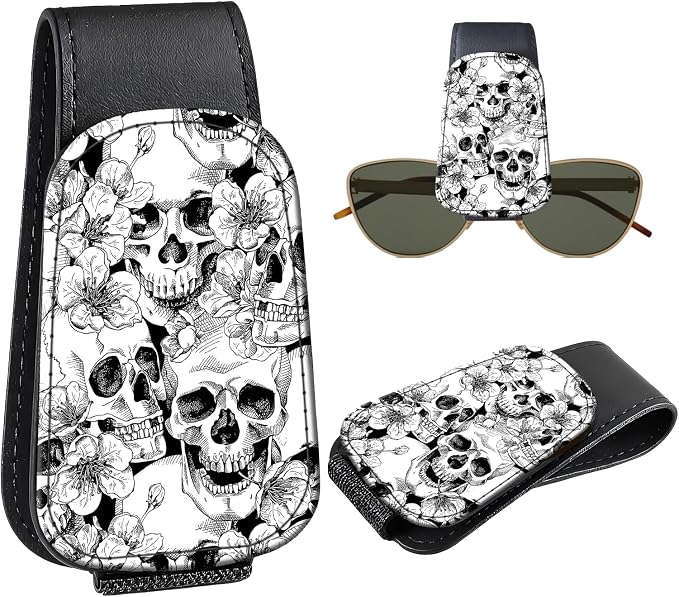 Leather Magnetic Sunglass Holder for Car Sun Visor, Cute Eyeglass Ticket Card Hanger Clip, Universal Auto Interior Accessories for SUV Pickup Truck, Skull Floral by Unknown