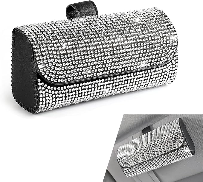 Bling Sunglasses Holder for Car Sun Visor, Rhinestone Auto Eyeglasses Mount Clip Organizer, Leather Sunvisor Sunglasses Storage Case, Universal Glasses Holder Clips for SUV, Sedan, Van (White) by Unknown