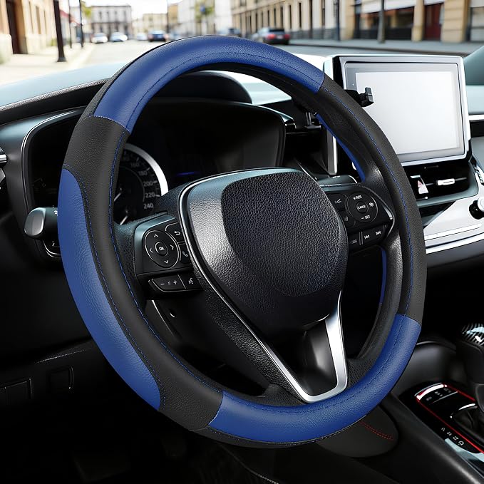 SEG Direct Steering Wheel Cover 14.5-15 inch Car Auto Interior Accessories | Universal Medium Standard Size 37-39cm for Car Truck SUV, Microfiber Leather, Anti-Slip Comfortable Grip, Black and Blue - Image 7