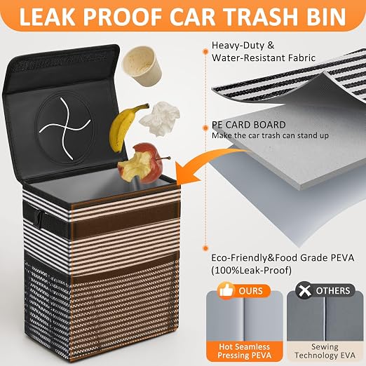 Vankor Car Trash Can with Lid Leak Proof Car Accessories for Women | 2.2 Gallon Cute Hanging Car Trash Bin for Men Car Truck Vehicle Sedan SUV Interior Automotive Garbage Cans, Stripe - Image 3