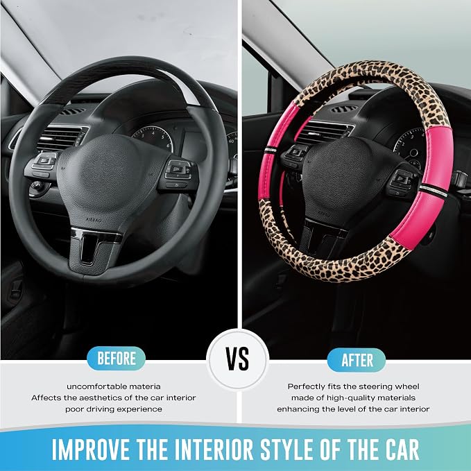 Road Comforts Leopard Steering Wheel Cover for Women, Cute Anti-Slip Microfiber Leather, Universal Fit 14.5-15 Inch Round Steering Wheel - HotPink - Image 3