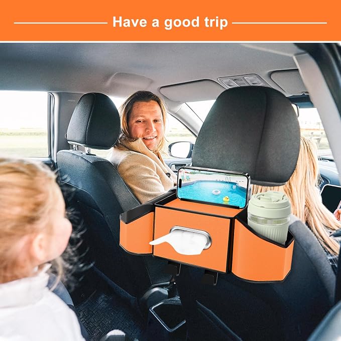 7-In-1 Car Seat Back Organizer with Cup Holders, Tissue Box, Garbage Can&Hooks, Multifunctional Headrest Storage Organizer, Headrest Cup Holder for Backseat, Car Accessories for Trips, Travels(Orange) - Image 6