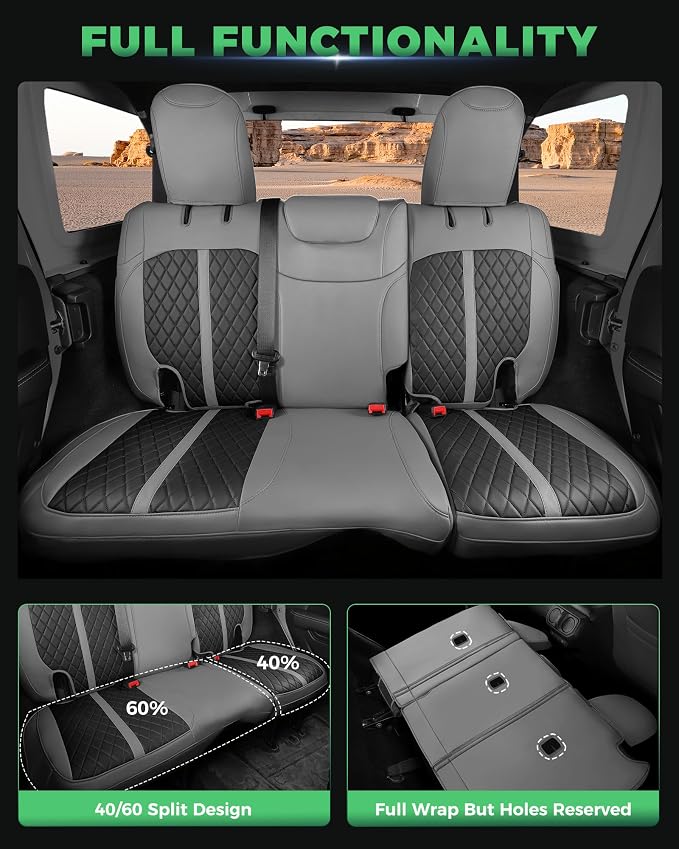 RIDEPOSH for Jeep Wrangler Leather Custom Car Seat Covers Full Set 4 Door | 2018-2026 JL, without Rear Cup Holder, Not for 4XE, Luxury Waterproof Protector, 40/60 Spilt, 5 Seats, Full Coverage, Durable - Image 4