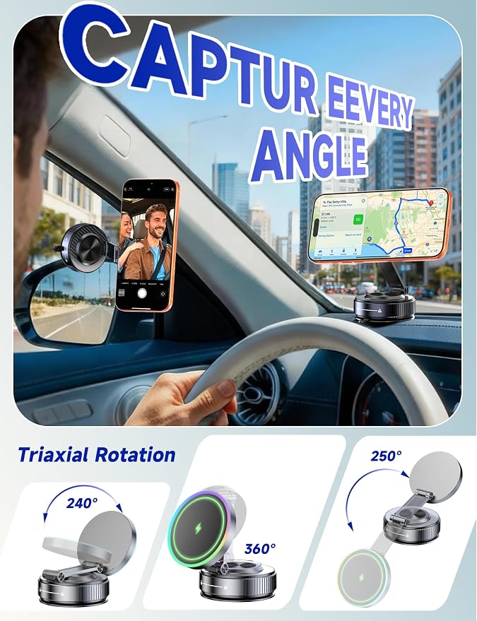 15W Magsafe Car Mount Charger, Faster Charging Wireless Car Charger | [105+LBS Suction & 3800gf Magnetic] Car Phone Holder, 360° Adjustable, Phone Holders for Your Car for iPhone & Android - Image 7