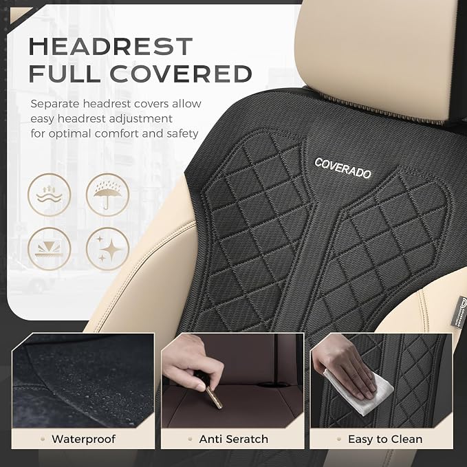 Coverado Seat Covers Full Set, Beige Car Seat Covers, PU Leather & Breathable Mesh Seat Protectors, 5-Piece Automotive Seat Covers, Universal Fit for SUVs, Trucks, Sedans - Image 5