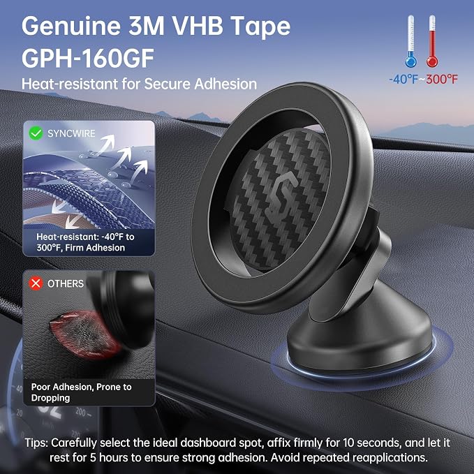 SYNCWIRE MagSafe Car Mount - Flexible Rotation Magnetic Phone Holder for Dash, Strong Magnets, Universal Compatible iPhone, Samsung, Pixel - MagSafe Car Accessories | 360° Rotating Strong Magnet Phone Mount with 3M VHB Adhesive, Compatible with iPhone ... - Image 6