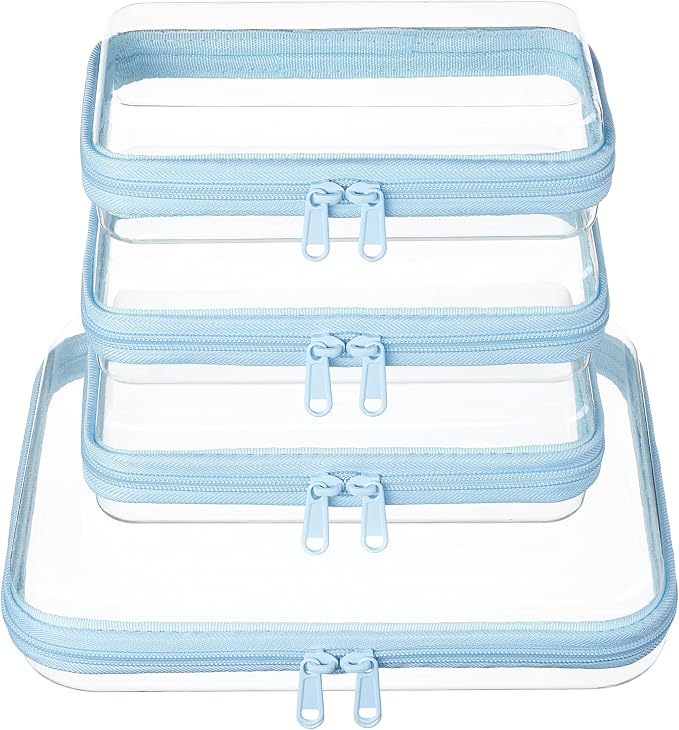 3-PCS Medium Clear Hard Shell Zipper Pouches, Clear Zipper Bags (3M, Pink) | Toiletry Bag for Travel, CLear Diaper Bag, Toiletry Pouch, Travel Organizer, Cosmetic Bag,Toy Storage Bins (M+3S) (Baby Blue) by WELPIRT