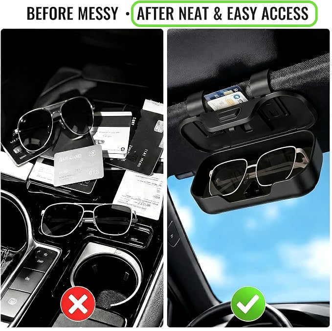 Car Sun Visor Sunglasses Holder,Black ABS Eyeglasses Case | Card Storage,Soft Flocked Interior,Anti-Rattle Triangle Slot,Double Clips,Push Button Access,Scratch Protection,Universal Fit - Image 5