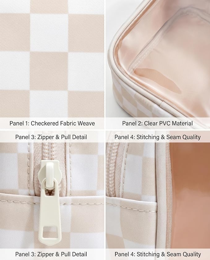 Clear Checkered Makeup Bag, Small Cosmetic Pouch with Zipper Mini Waterproof Makeup Purse Organizer Cute Cosmetic Bag Travel TSA Approved Toiletry Bag Car Organizer for Women Girls (Beige) - Image 6