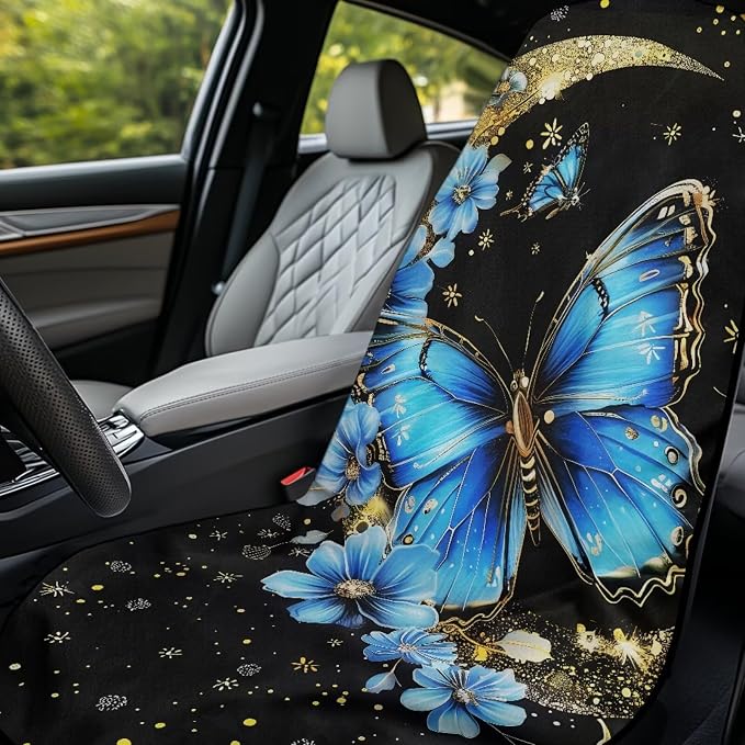 Butterfly Moon Car Seat Towel Cover After Gym Sweat Auto Front Seat Protector Blue Butterfly Flower Car Seat Cover Protector Universal Non Slip Waterproof Sweat Protector Beach Towel Yoga Mat - Image 3