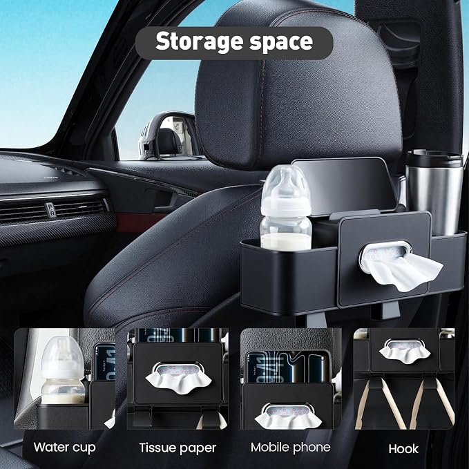 2 Pack Back Seat Car Organizers with Tissue Box and Cup Holders, Balck | Each organizer combines tissue storage, 2 cup holders, phone pocket and hooks to keep rear-seat essentials organized. - Image 5